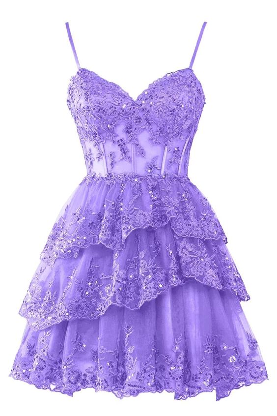 Homecoming Dresses for Teens Sparkly Tulle Lace Applique Tiered A-line Hoco Dress