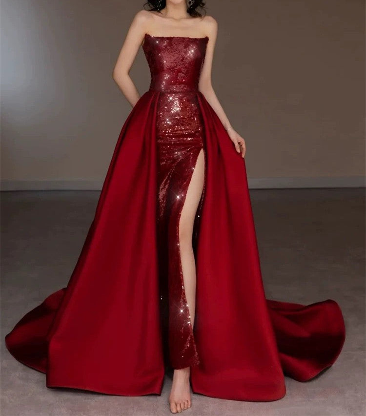 Pretty Strapless Red A Line Long Prom Dresses With Slit
