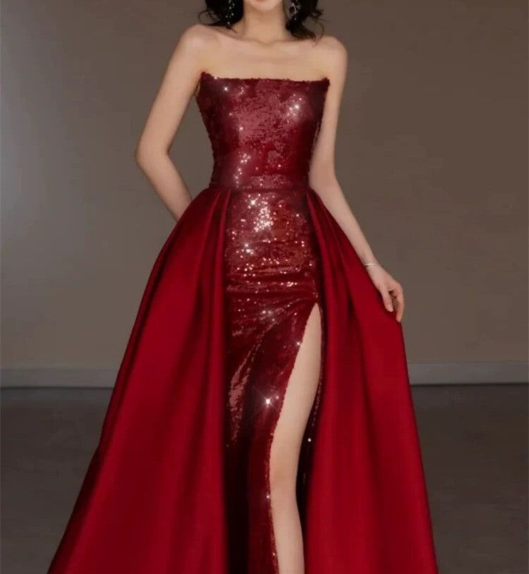 Pretty Strapless Red A Line Long Prom Dresses With Slit