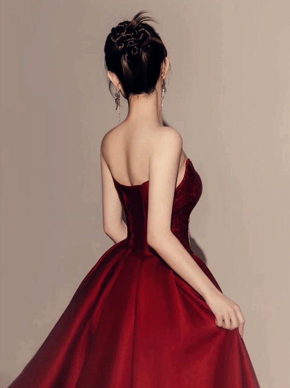 Classy Sheath Strapless Burgundy Sleeveless Long Party Dress Sequin Prom Dresses