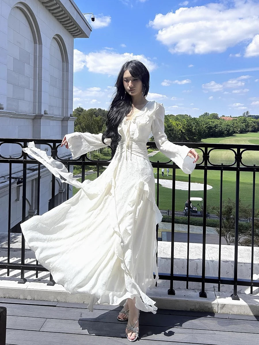 Gorgeous A line Chiffon Long Sleeves White Prom Dress With Layers