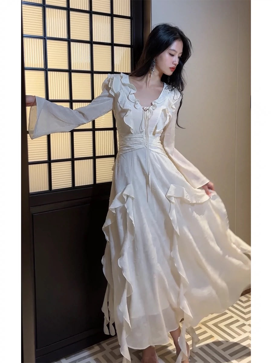 Gorgeous A line Chiffon Long Sleeves White Prom Dress With Layers