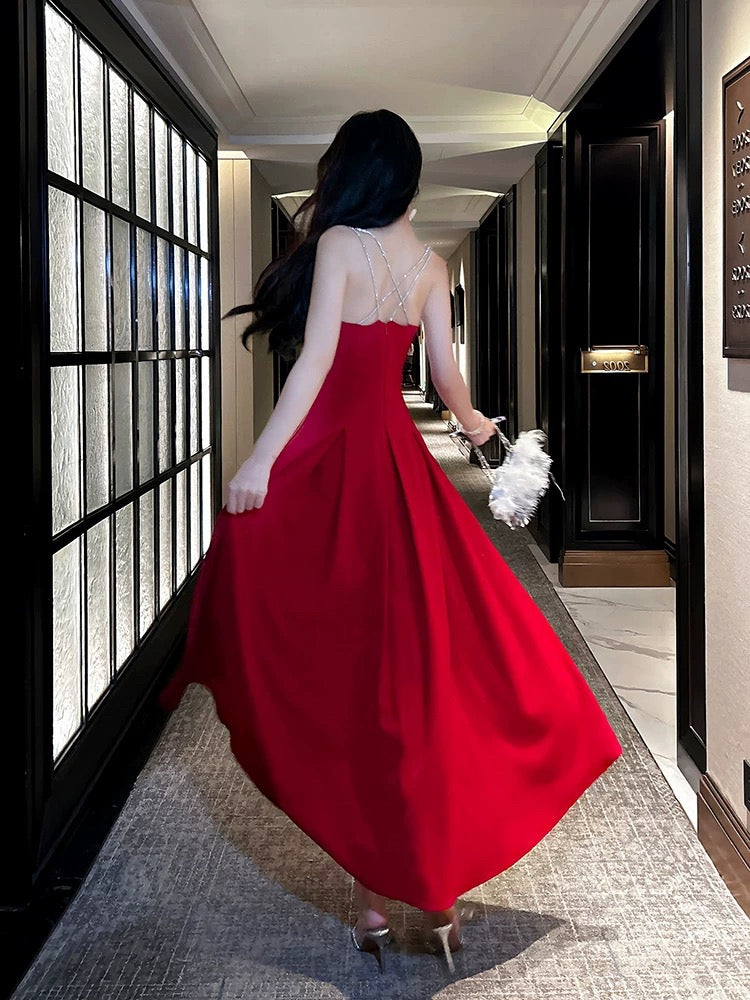 Pretty A line Straps Red Long Satin Prom Dresses Formal Evening Dress
