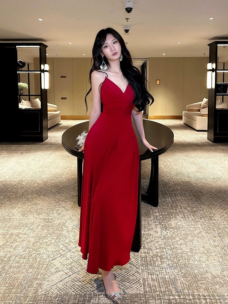 Pretty A line Straps Red Long Satin Prom Dresses Formal Evening Dress