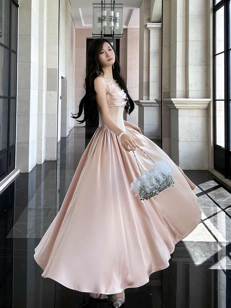 Pretty A line Spaghetti Straps Pink Satin Prom Dresses Formal Evening Dress