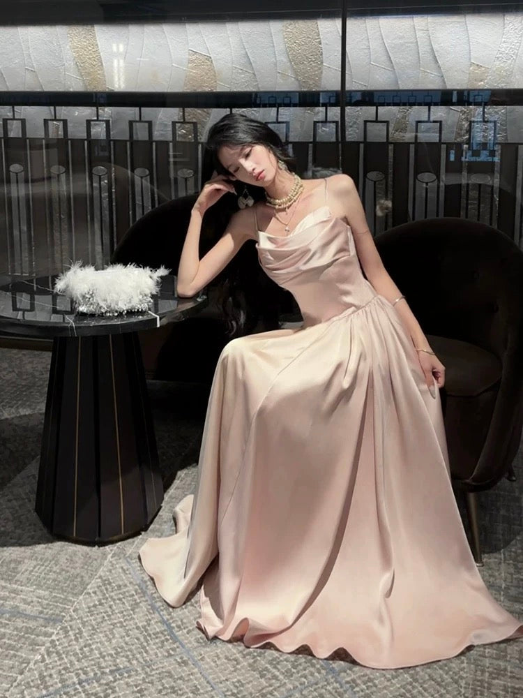 Pretty A line Spaghetti Straps Pink Satin Prom Dresses Formal Evening Dress