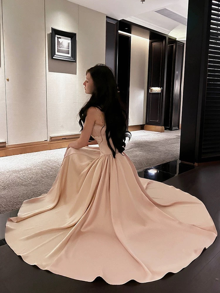 Pretty A line Spaghetti Straps Pink Satin Prom Dresses Formal Evening Dress