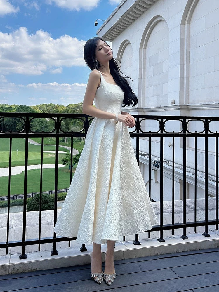 Pretty A line Square Neckline White Satin Prom Dresses Formal Evening Dress
