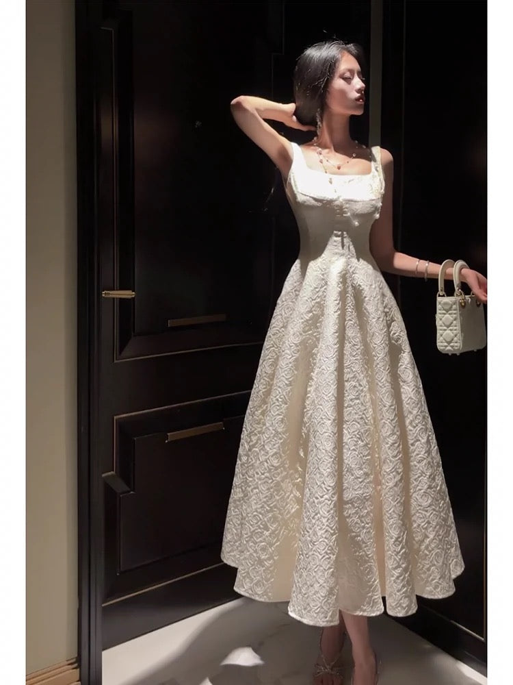 Pretty A line Square Neckline White Satin Prom Dresses Formal Evening Dress