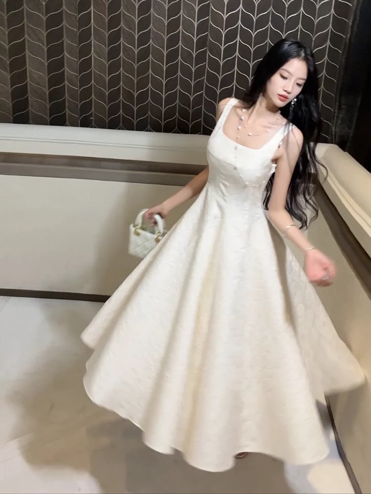 Pretty A line Square Neckline White Satin Prom Dresses Formal Evening Dress