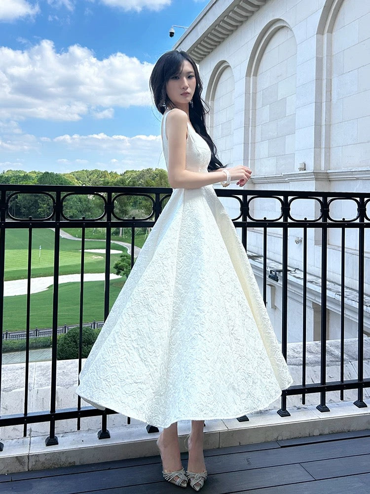 Pretty A line Square Neckline White Satin Prom Dresses Formal Evening Dress