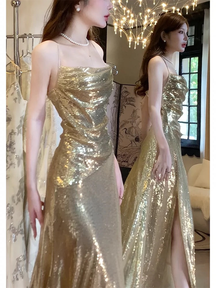 Gorgeous Sheath Spaghetti Straps Gold Sequin Slit Prom Dresses Evening Dress