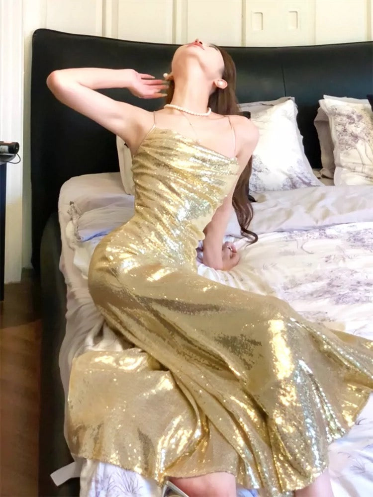 Gorgeous Sheath Spaghetti Straps Gold Sequin Slit Prom Dresses Evening Dress