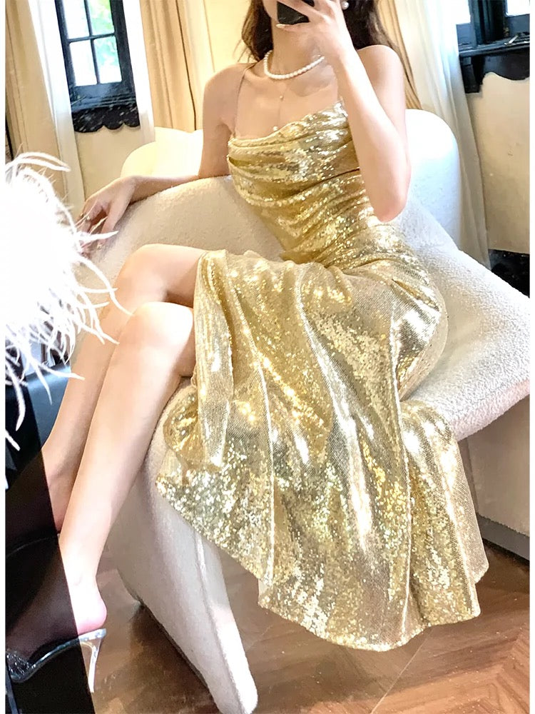 Gorgeous Sheath Spaghetti Straps Gold Sequin Slit Prom Dresses Evening Dress