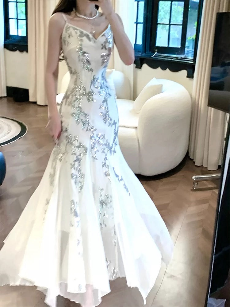 Gorgeous Mermaid Spaghetti Straps White Long Sequin Prom Dresses Evening Dress