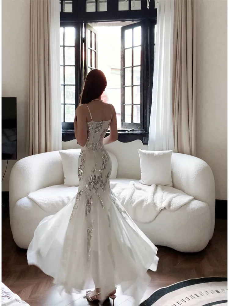 Gorgeous Mermaid Spaghetti Straps White Long Sequin Prom Dresses Evening Dress