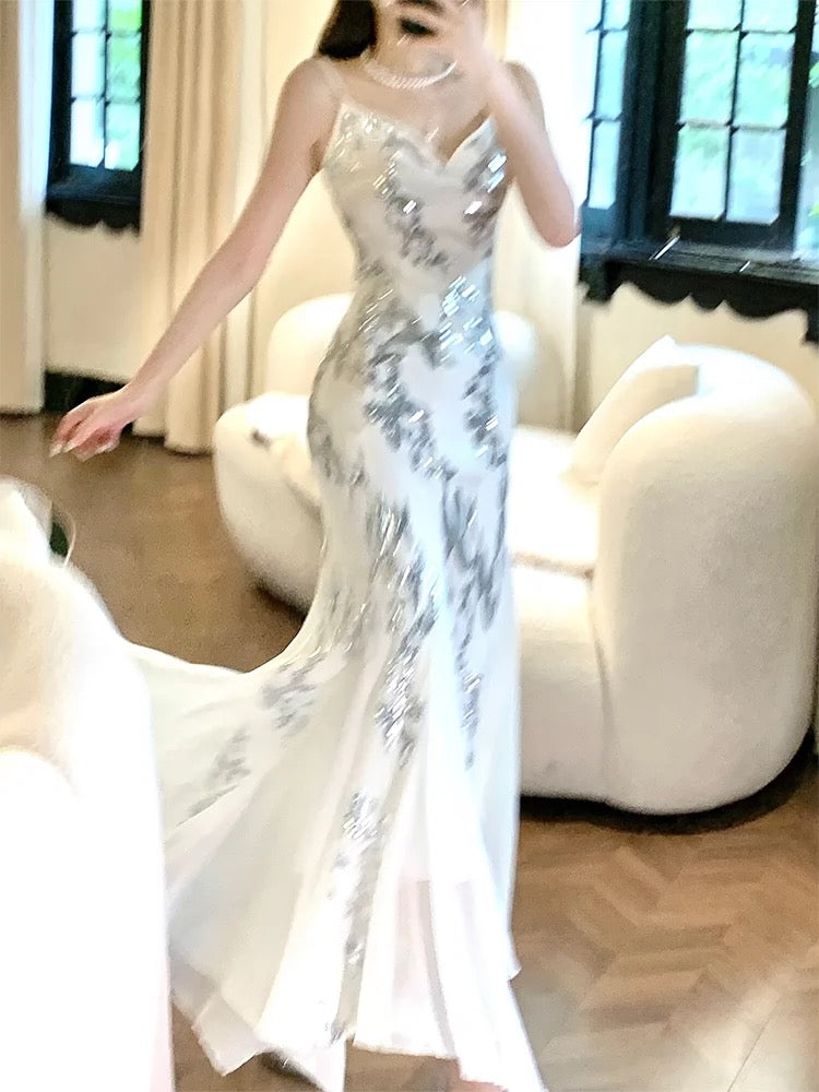 Gorgeous Mermaid Spaghetti Straps White Long Sequin Prom Dresses Evening Dress