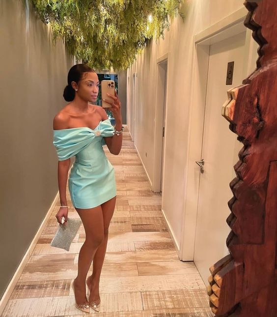 16th Birthday Off The Shoulder Homecoming Dresses Tiffany Blue Mini Bowknot Party Dress