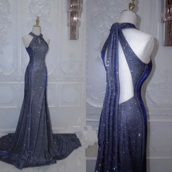 Elegant Mermaid Halter Sequin Navy Blue Long Prom Dresses Formal Dress