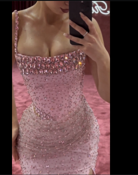 Elegant Mermaid Spaghetti Straps Pink Beads Sequin Slit Long Prom Dresses Formal Dress