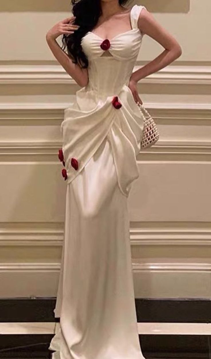Gorgeous Sheath Rose Flowers Pleated Prom Dresses Formal Evening Dress