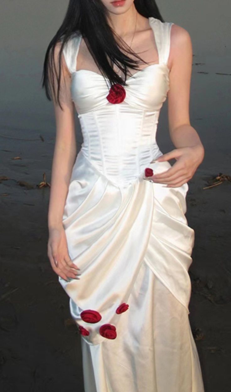 Gorgeous Sheath Rose Flowers Pleated Prom Dresses Formal Evening Dress