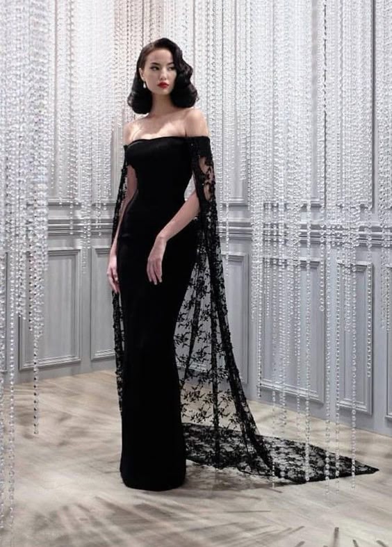 Elegant Mermaid Off The Shoulder Black Prom Dresses With Cape Evening Dress