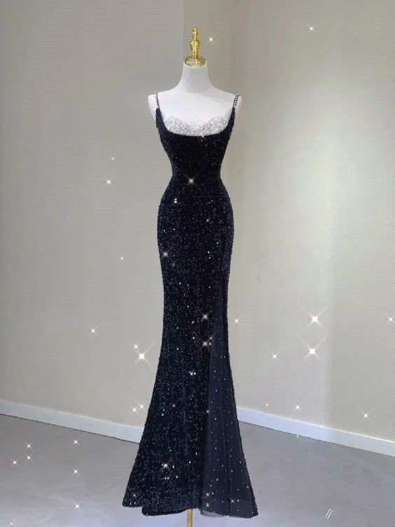 Sexy Mermaid Spaghetti Straps Black Sequin Long Prom Dresses Evening Dress With Slit