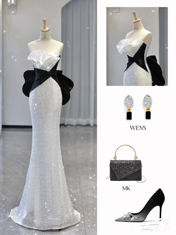 Sexy Mermaid Strapless Sequin Long Ruffles Prom Dresses Evening Dress