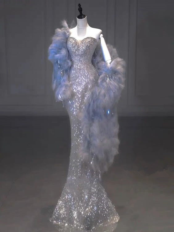 Sexy Mermaid Strapless Sequin Long Silver Prom Dresses Evening Dress With Feather