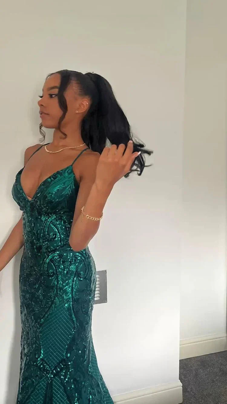 Pretty Mermaid Halter Green Sequin Long Prom Dresses Evening Dress