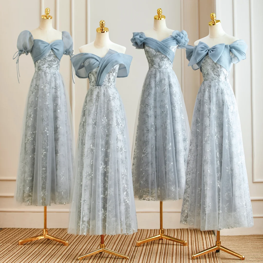 Pale Blue A Line Chiffon Tulle Lace Long Bridesmaid Dress