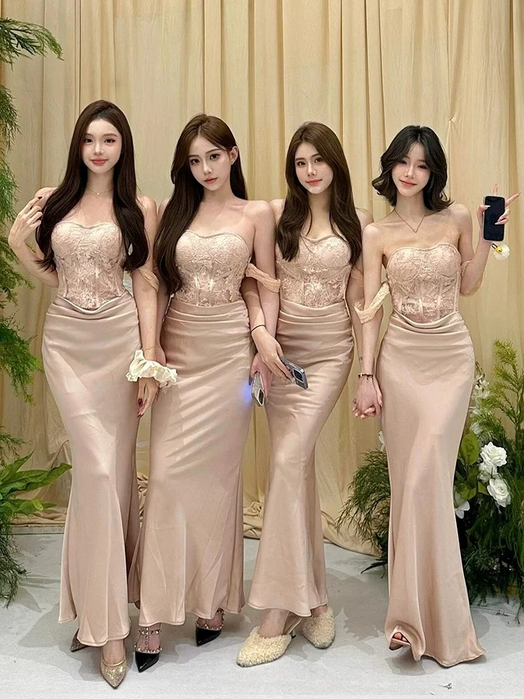 Champagne Mermaid Off The Shoulder Satin Lace Long Bridesmaid Dress