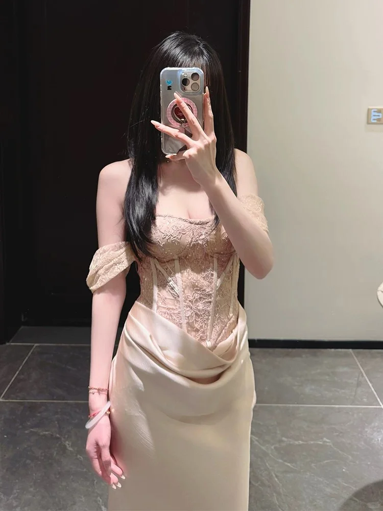 Champagne Mermaid Off The Shoulder Satin Lace Long Bridesmaid Dress