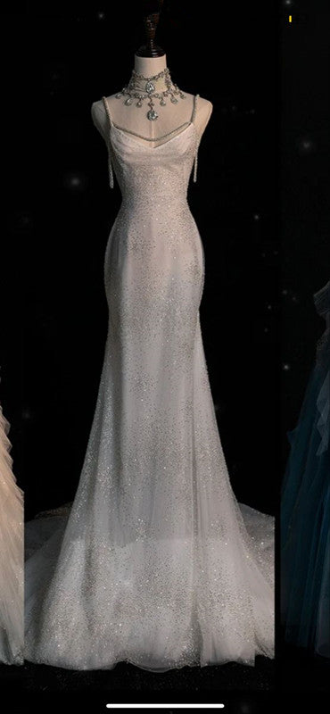 Sexy Mermaid Spaghetti Straps Sequin Long Silver Prom Dresses Evening Dress