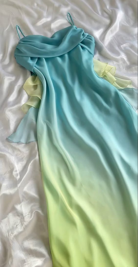 Pretty A line Spaghetti Straps Ombre Blue Chiffon Long Prom Dresses Evening Dress