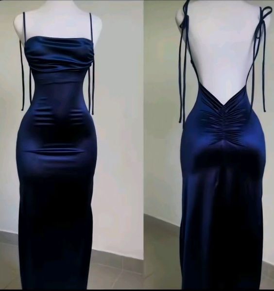 Modest Sheath Spaghetti Straps Navy Blue Satin Prom Dresses Evening Dress