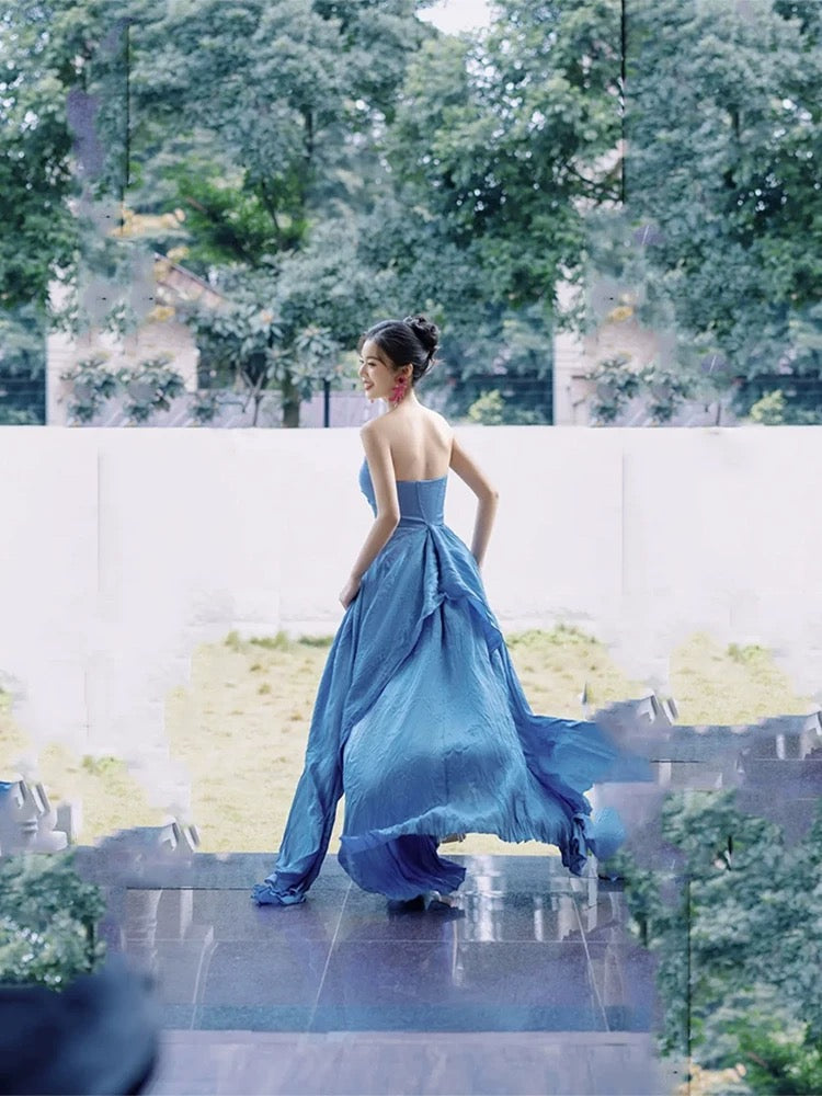 Modest A Line Sweetheart Blue Fold Slit Prom Dresses Long Evening Dress
