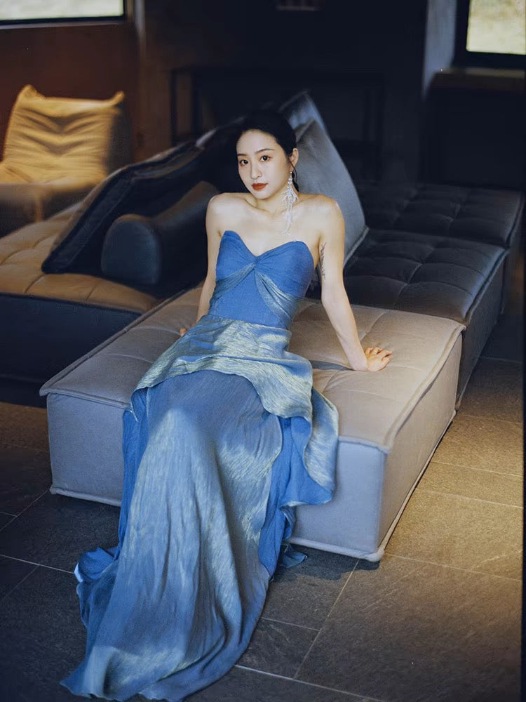 Modest A Line Sweetheart Blue Fold Slit Prom Dresses Long Evening Dress