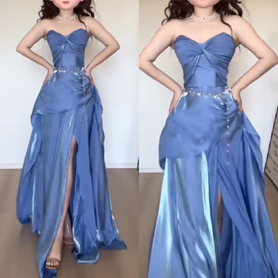 Modest A Line Sweetheart Blue Fold Slit Prom Dresses Long Evening Dress