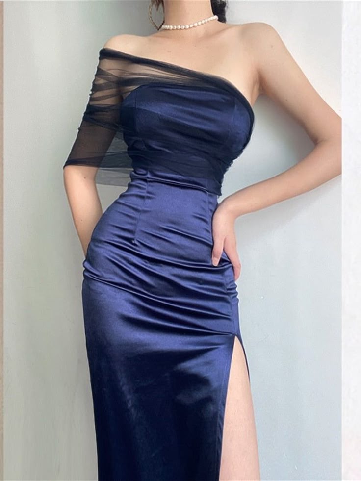 Modest Sheath One Shoulder Sleeveless Navy Blue Slit Satin Prom Dresses Long Evening Dress