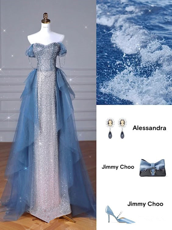 Elegant Sheath Off The Shoulder Blue Sequin Prom Dresses Long Evening Dress