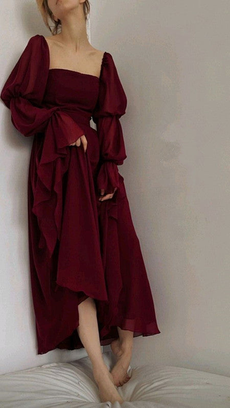 Elegant A Line Square Neckline Burgundy Chiffon Prom Dresses Long Sleeves Evening Dress