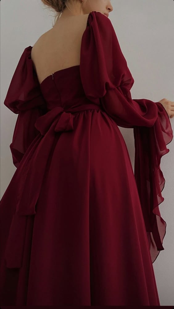 Elegant A Line Square Neckline Burgundy Chiffon Prom Dresses Long Sleeves Evening Dress