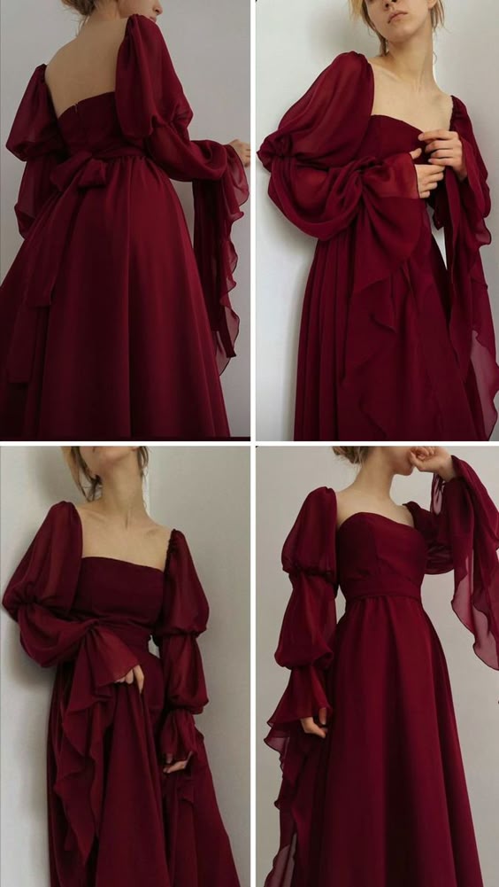 Elegant A Line Square Neckline Burgundy Chiffon Prom Dresses Long Sleeves Evening Dress