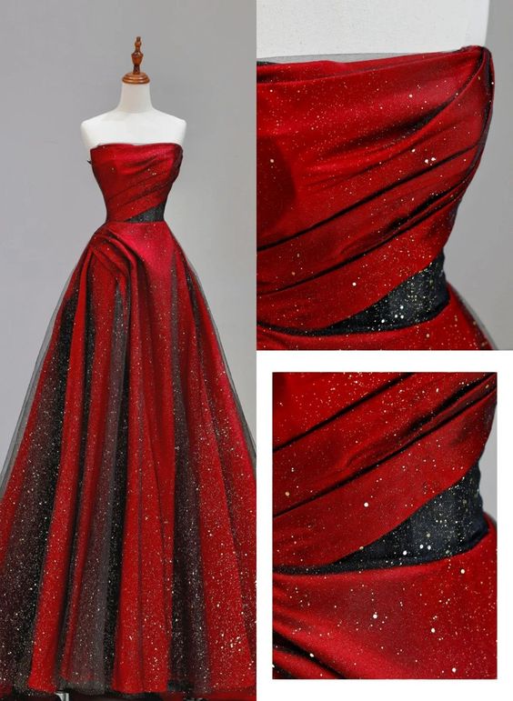 Elegant A line Strapless Red Satin Prom Dresses With Black Tulle Long Evening Dress