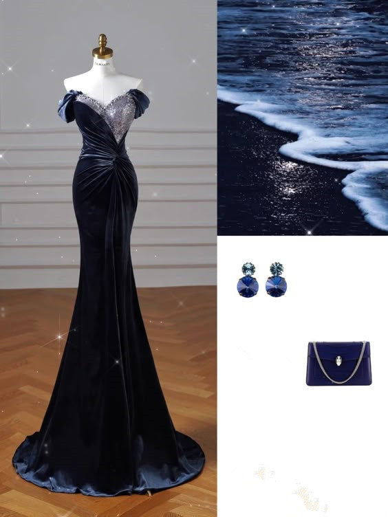 Elegant Mermaid Off The Shoulder Navy Blue Prom Dresses With Ruffle Long Sleeves Evening Dress