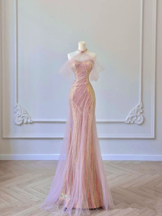 Pretty Mermaid Sweetheart Pink Sequin Prom Dresses With Ruffle Long Evening Dress