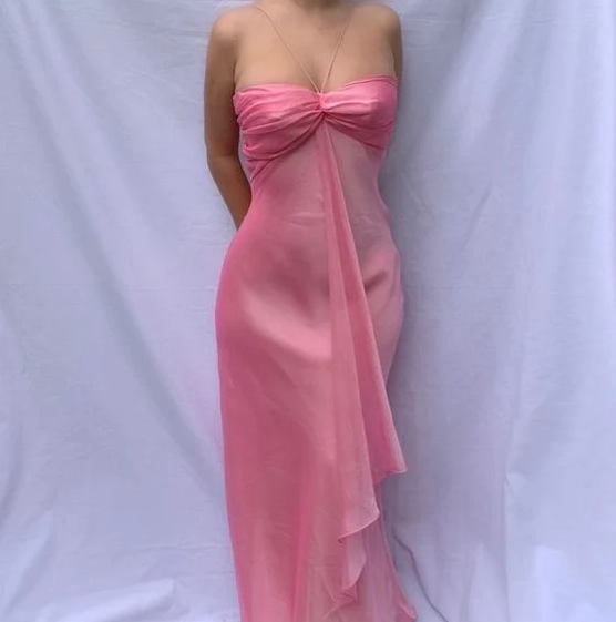 Pretty A line Halter Sleeveless Pink Chiffon Prom Dresses Long Evening Dress