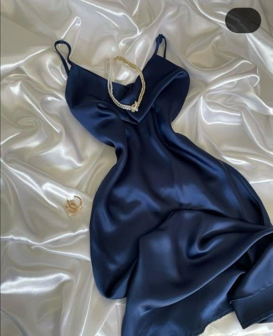 Pretty A Line Spaghetti Straps Navy Blue Silk Satin Prom Dresses Long Evening Dress